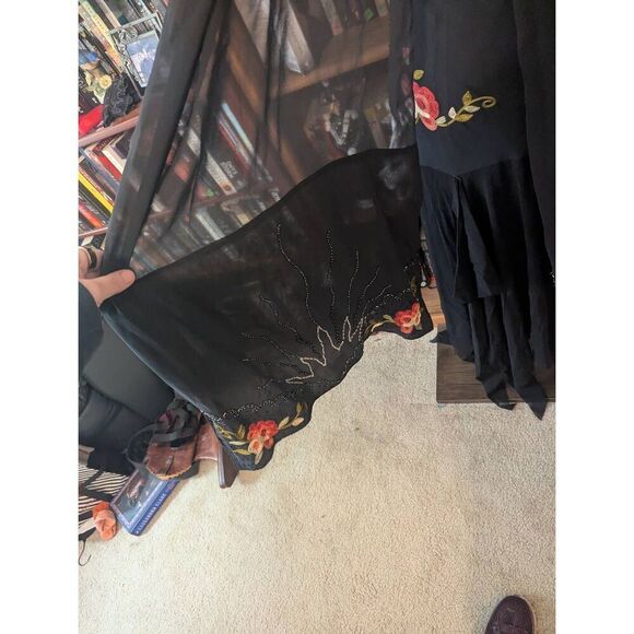 Vtg Cache 90s Y2K Black Gloral embroidered beaded silk maxi Dress Fairycore 12 - Picture 5 of 9